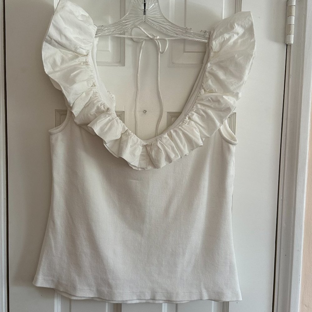 Maeve for Anthropologie White Ruffle Trim V-neck Tank